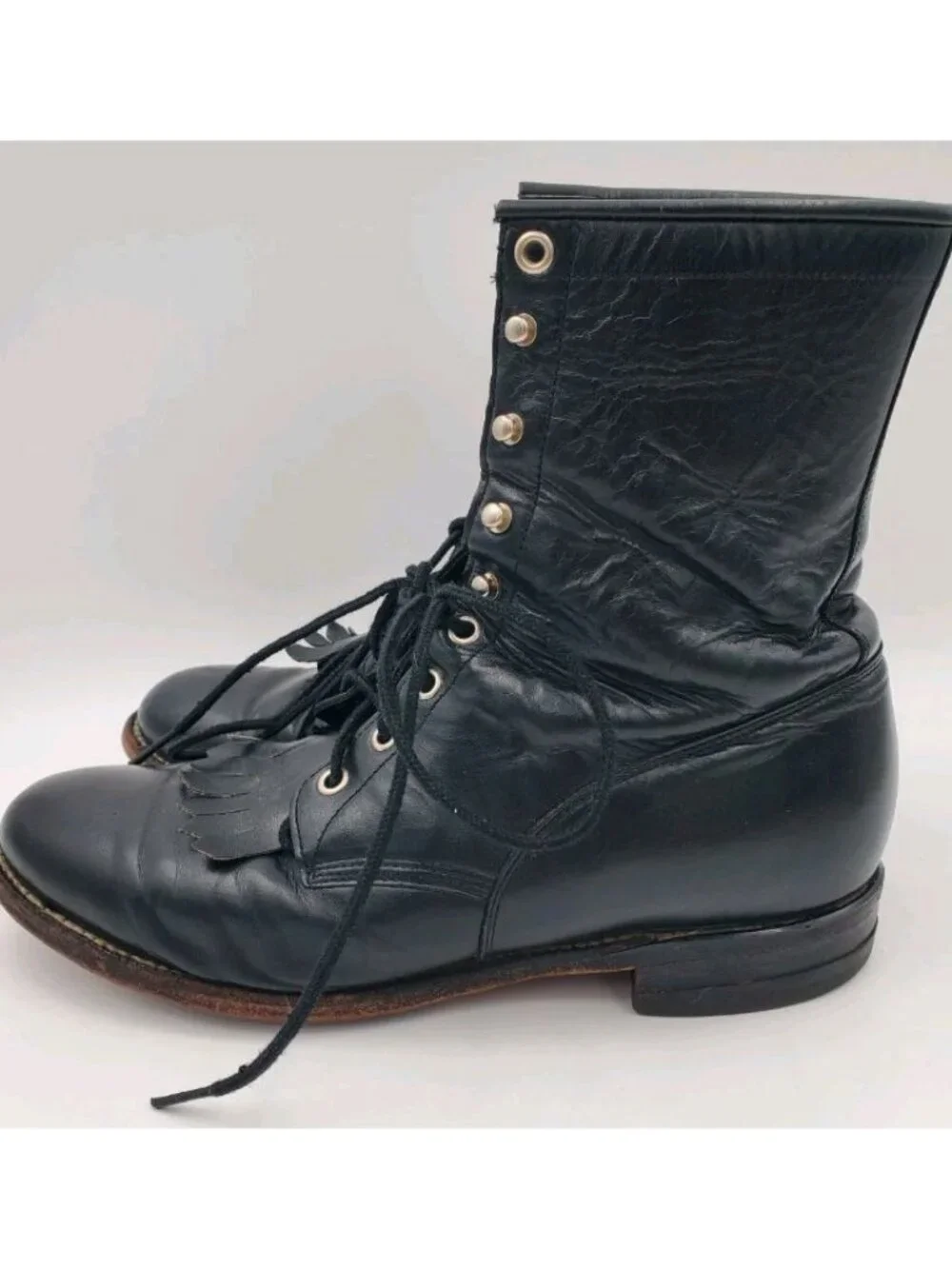 Justin 506 Boots Mens 9 1/2 D Black Leather Kiltie Lace Up Roper Western USA